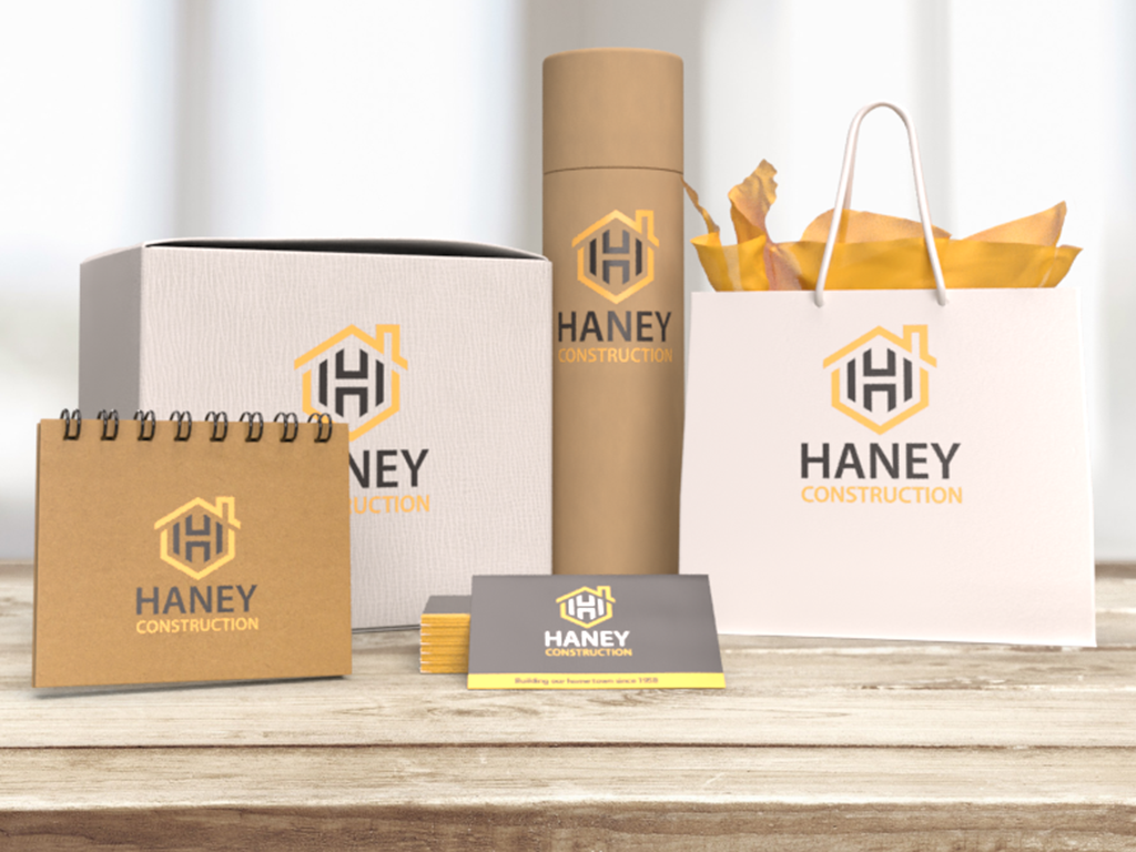 Haney Construction logoed product grouping on table
